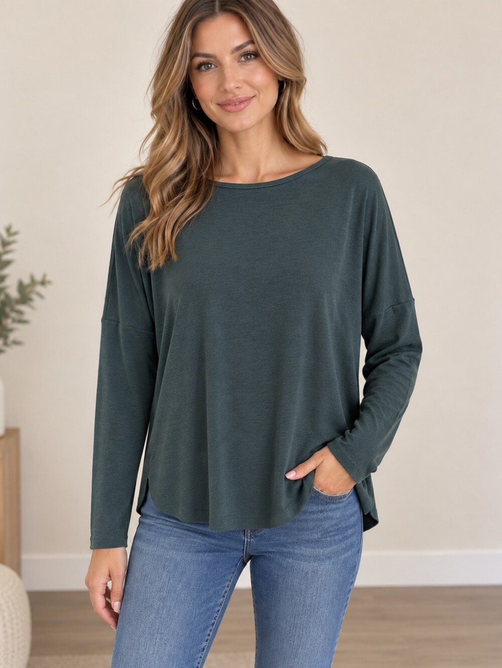 Kit and Ace Relaxed Scoop Neck Long Sleeve Top - Dark Green